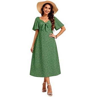 Women's Soft Flowey Front Tie Ruffle Sleeve Long Maxi Maternity Dress