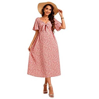 Women's Soft Flowey Front Tie Ruffle Sleeve Long Maxi Maternity Dress