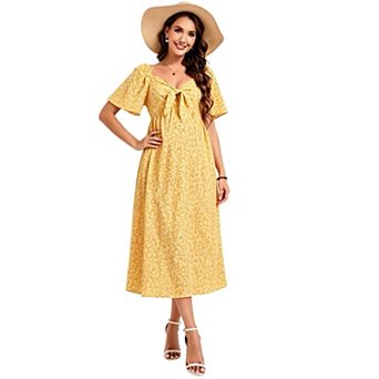 Women's Soft Flowey Front Tie Ruffle Sleeve Long Maxi Maternity Dress