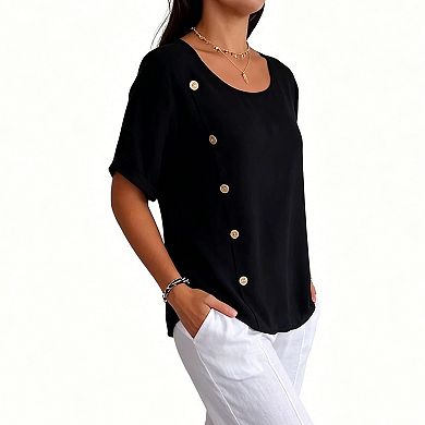 Women's Linen-Blend Short Sleeve Blouse, Round Neck Asymmetrical Button Casual Work Top
