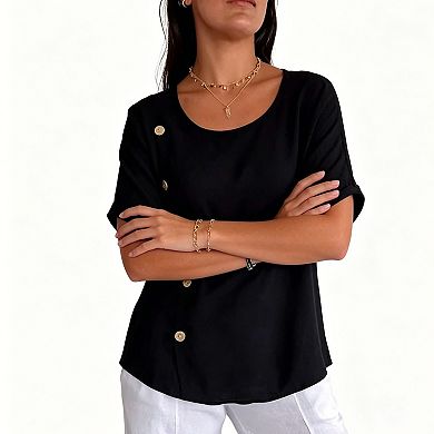 Women's Linen-Blend Short Sleeve Blouse, Round Neck Asymmetrical Button Casual Work Top