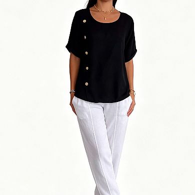 Women's Linen-Blend Short Sleeve Blouse, Round Neck Asymmetrical Button Casual Work Top
