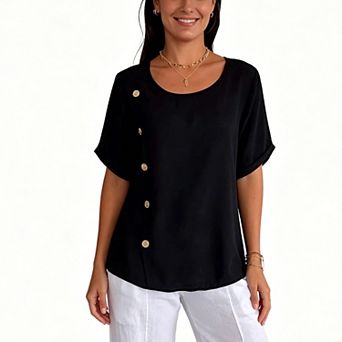 Women's Linen-Blend Short Sleeve Blouse, Round Neck Asymmetrical Button Casual Work Top