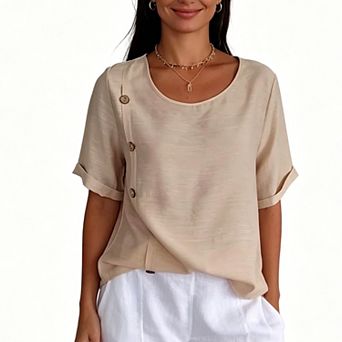 Women's Linen-Blend Short Sleeve Blouse, Round Neck Asymmetrical Button Casual Work Top