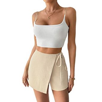 Women's Wrap-Front Skort with Tie Waist, Textured High-Waisted Mini Skirt Shorts