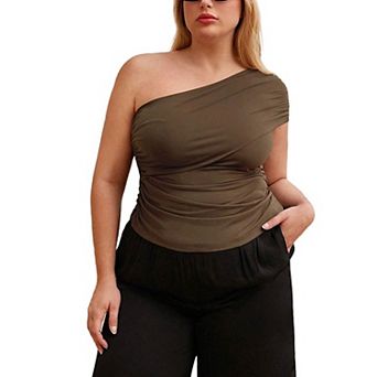 Women's Plus Size One-Shoulder Top, Asymmetrical Neck Ruched Bodycon Summer Casual Blouse