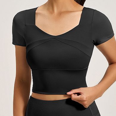 Womens Square Neck Workout Crop Top Yoga Shirt with Built in Bra