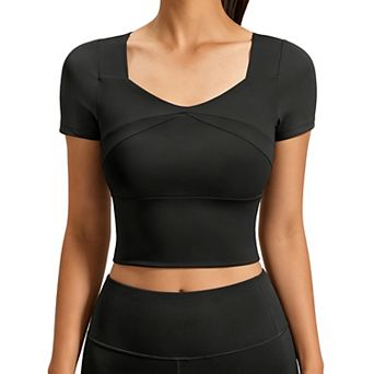 Womens Square Neck Workout Crop Top Yoga Shirt with Built in Bra