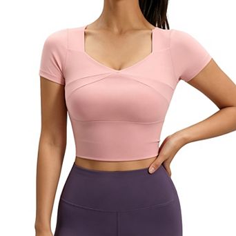 Womens Square Neck Workout Crop Top Yoga Shirt with Built in Bra