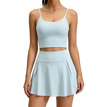 Womens 2 pc Workout Outfit Tennis Skirt and Crop Top with Built in Bra