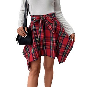 Women's Plaid A-Line Skirt, High-Waisted Asymmetrical Hem with Bow Detail