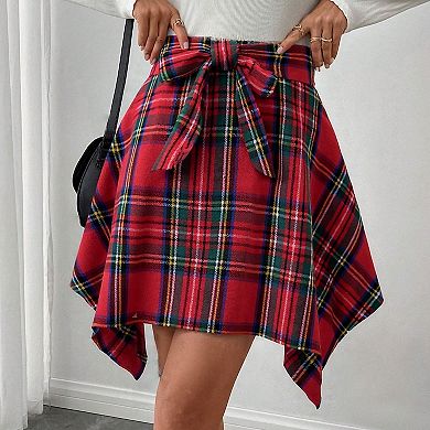 Women's Plaid A-Line Skirt, High-Waisted Asymmetrical Hem with Bow Detail