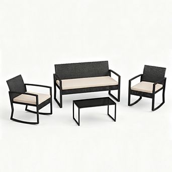 4 pc Patio Furniture Set, PE Rattan Outdoor Rocking Chair Conversation Set with Coffee Table