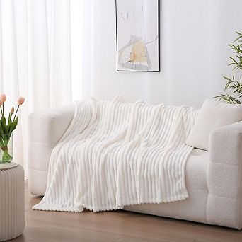 Striped Fleece Throw Blanket Soft Plush Lightweight Cream White