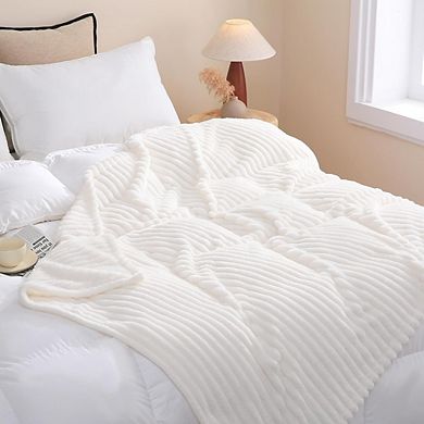 Striped Fleece Throw Blanket Soft Plush Lightweight Cream White