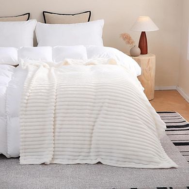 Striped Fleece Throw Blanket Soft Plush Lightweight Cream White