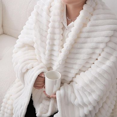 Striped Fleece Throw Blanket Soft Plush Lightweight Cream White