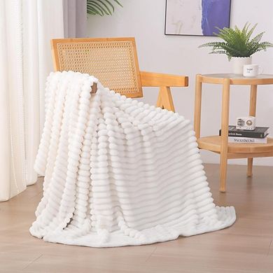 Striped Fleece Throw Blanket Soft Plush Lightweight Cream White
