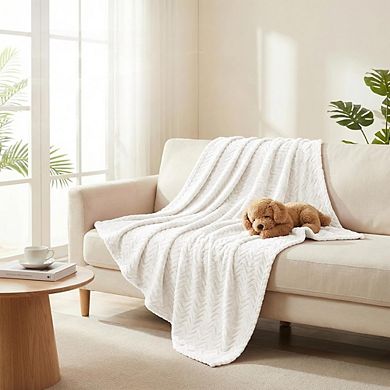 Wave Textured Fleece Throw Blanket Soft Plush Lightweight Cozy Ivory