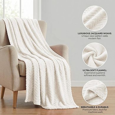 Wave Textured Fleece Throw Blanket Soft Plush Lightweight Cozy Ivory