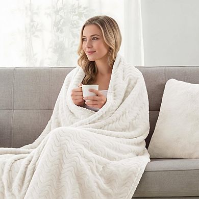 Wave Textured Fleece Throw Blanket Soft Plush Lightweight Cozy Ivory