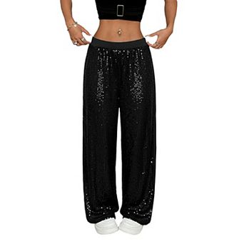 Women's Sequin Wide-Leg Pants, High-Waisted Elastic Waist Shimmering Straight Leg Trousers