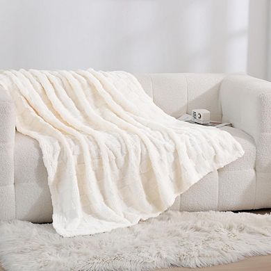 3D Checkered Fleece Throw Blanket Soft Plush Lightweight Cream White