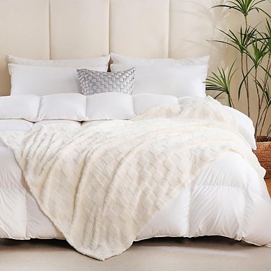 3D Checkered Fleece Throw Blanket Soft Plush Lightweight Cream White