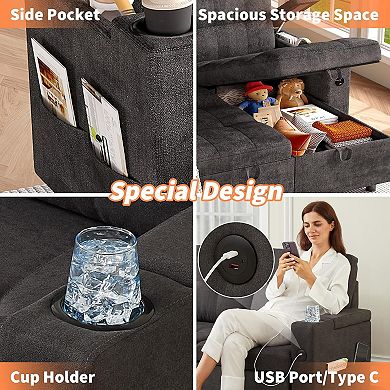 84 Inch L Shaped Sleeper Sofa Converts To A Bed Features Storage Armrests And Charging Ports