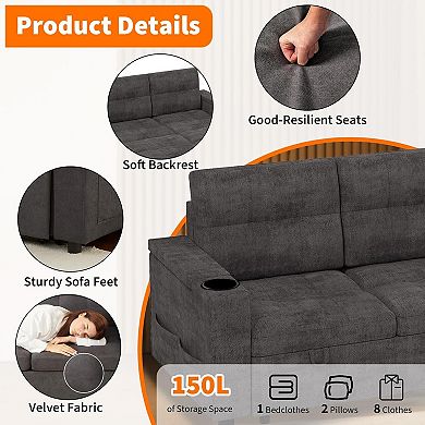 84 Inch L Shaped Sleeper Sofa Converts To A Bed Features Storage Armrests And Charging Ports