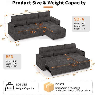 84 Inch L Shaped Sleeper Sofa Converts To A Bed Features Storage Armrests And Charging Ports