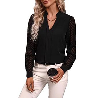 Women's V-Neck Sheer Sleeve Blouse, Long Sleeve Chevron Lace Work Casual Top