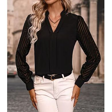 Women's V-Neck Sheer Sleeve Blouse, Long Sleeve Chevron Lace Work Casual Top