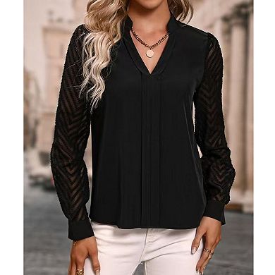 Women's V-Neck Sheer Sleeve Blouse, Long Sleeve Chevron Lace Work Casual Top