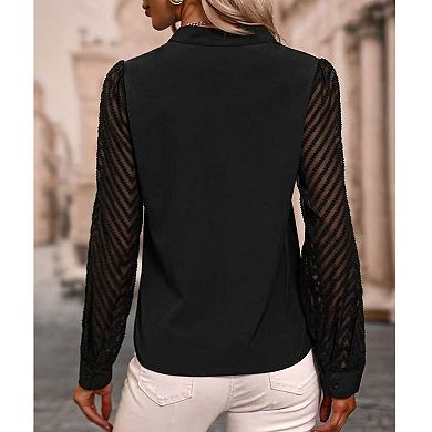 Women's V-Neck Sheer Sleeve Blouse, Long Sleeve Chevron Lace Work Casual Top