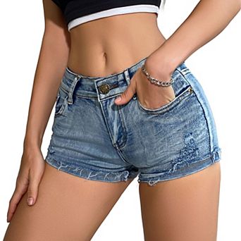 Women's Low-Rise Distressed Denim Shorts, Rolled Cuff Frayed Hem Casual Hot Pants