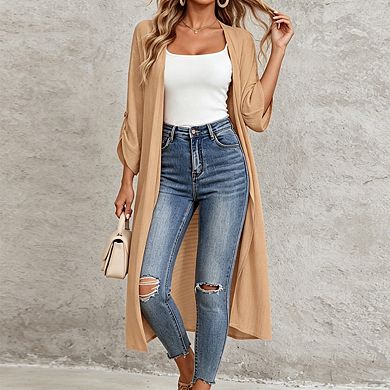 Womens Open Front Lightweight Roll Sleeve Casual Long Cardigan Tops