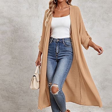Womens Open Front Lightweight Roll Sleeve Casual Long Cardigan Tops