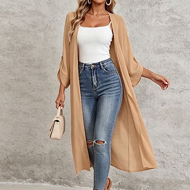 Womens Open Front Lightweight Roll Sleeve Casual Long Cardigan Tops