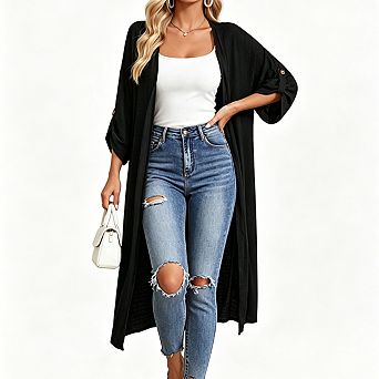 Womens Open Front Lightweight Roll Sleeve Casual Long Cardigan Tops