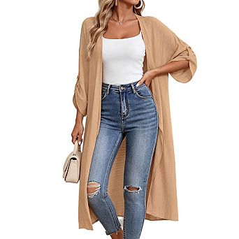 Womens Open Front Lightweight Roll Sleeve Casual Long Cardigan Tops