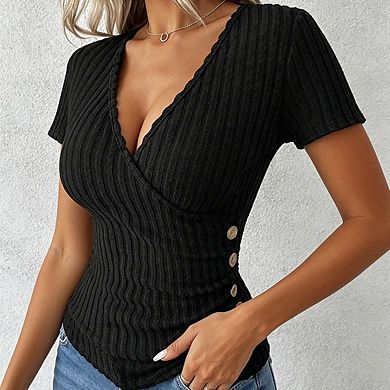 Womens Ribbed Knit Wrap V Neck Top Side Button Short Sleeves Casual Tops