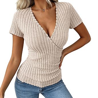 Womens Ribbed Knit Wrap V Neck Top Side Button Short Sleeves Casual Tops