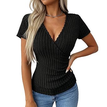 Womens Ribbed Knit Wrap V Neck Top Side Button Short Sleeves Casual Tops