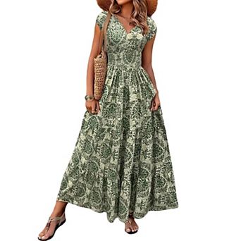 Women's Boho Floral Smocked Maxi V Neck Short Sleeve Casual Flowy Tiered A Line Beach Swing Dress
