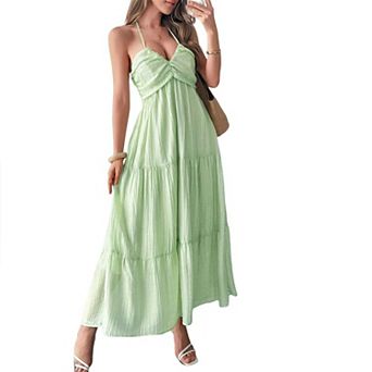 Women Casual Backless Tie Back Strapless Maxi Sleeveless Halter V Neck Summer Ruffle Beach Dresses