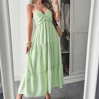 Women Casual Backless Tie Back Strapless Maxi Sleeveless Halter V Neck Summer Ruffle Beach Dresses