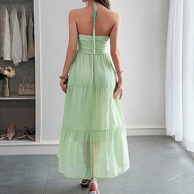 Women Casual Backless Tie Back Strapless Maxi Sleeveless Halter V Neck Summer Ruffle Beach Dresses