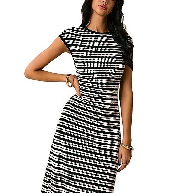 Women's Striped Crewneck Cap Sleeve Bodycon Knit Summer Midi Dresses