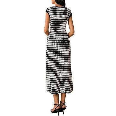 Women's Striped Crewneck Cap Sleeve Bodycon Knit Summer Midi Dresses
